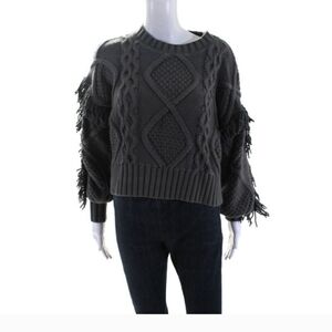 Line & Dot Chunky Gray Cable Knit Sweater with Fringes Sz XS